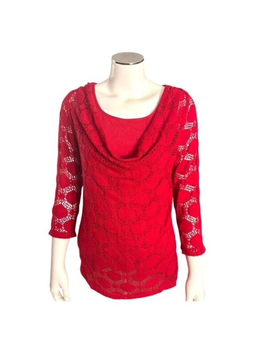 Chicos Size 0 Red Lace Cowl Neck 3/4 Sleeve Top Lined Romantic Going Out Style